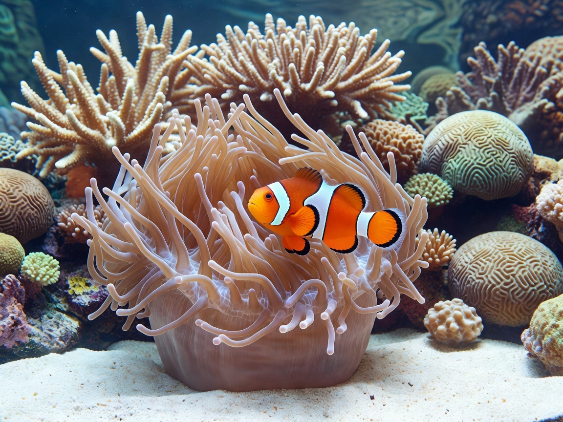Beautiful orange clownfish swimming around soft anemone tentacles in clean coral aquarium environment