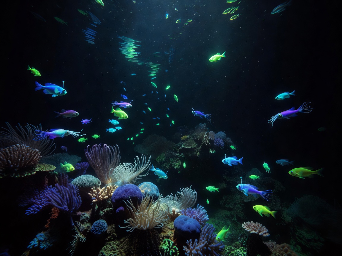 Cinematic deep sea background showcasing glowing neon fish and atmospheric underwater coral design features