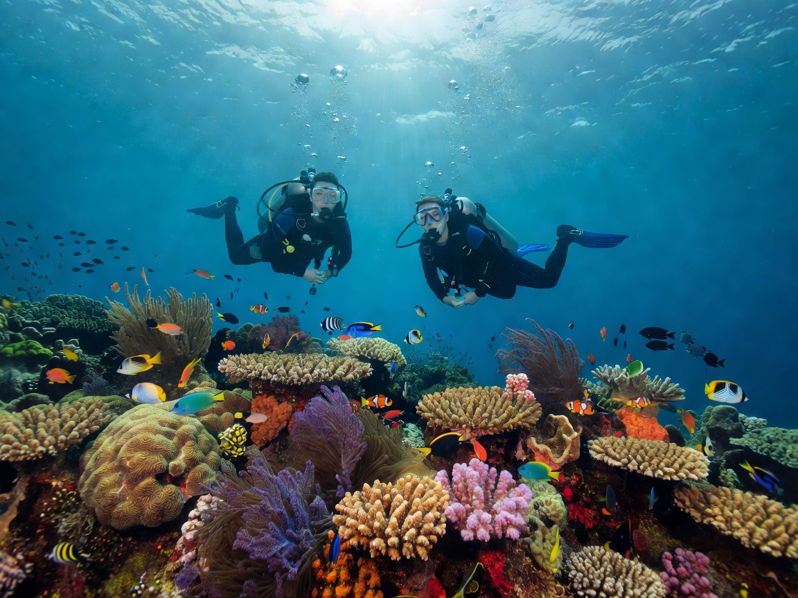 Underwater scuba divers floating peacefully down near colorful oceanic reef formations